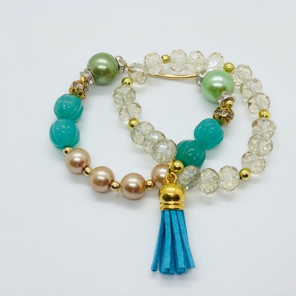 Peruvian Glass Bead Charm Tassel Bracelet Set - Picture 2 of 3